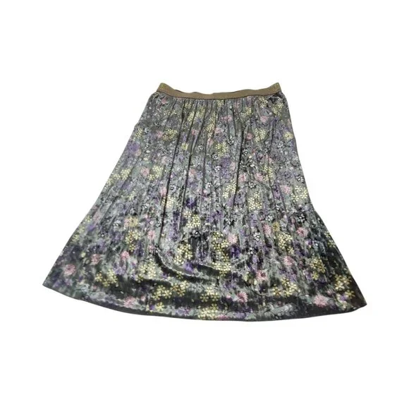 ModCloth Floral Pleated Green Velvet Skirt 1X Gold Waistband Retro Fairycore - Picture 15 of 16